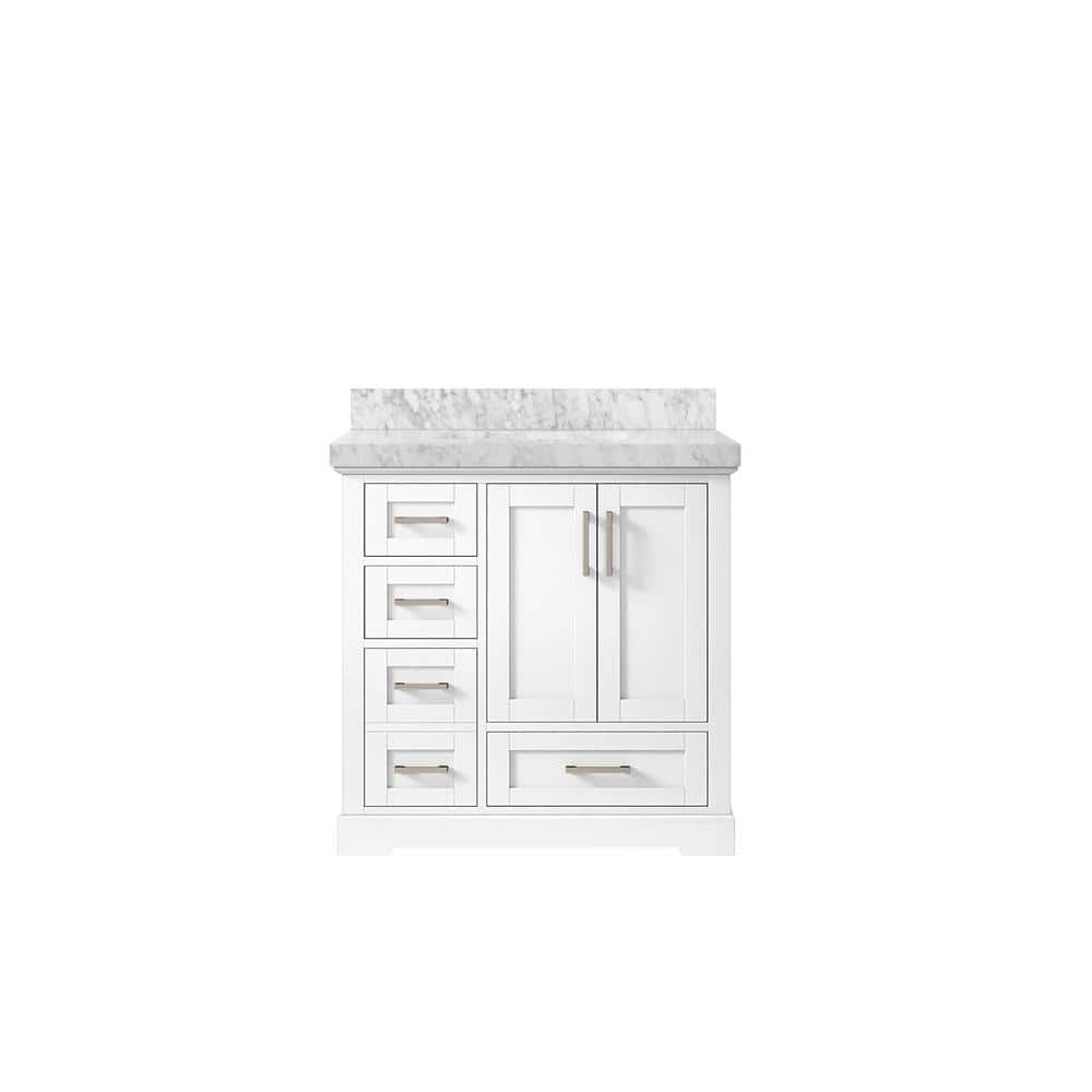 "Boston 36 in. W x 22 in. D x 36 in. H Single Sink Bath Vanity Center in White with 2"" Carrara Marble Top" price history on PriceWatchPro