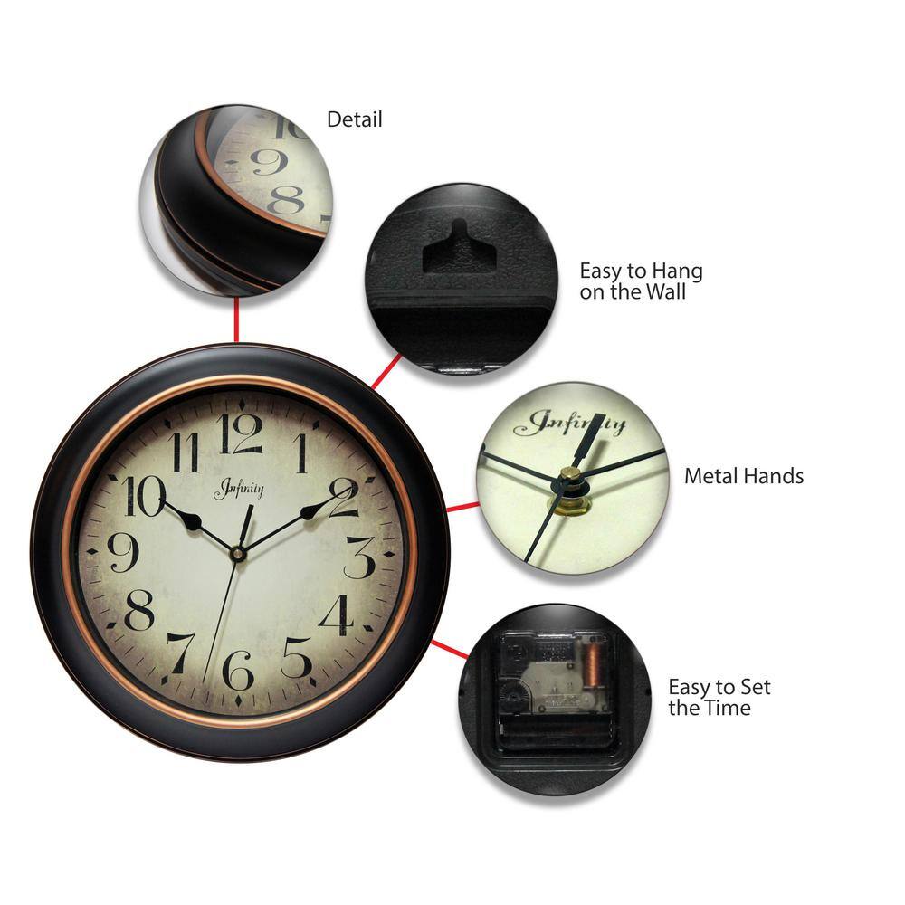 Hanover 12" Black and Rose Gold Traditional Wall Clock