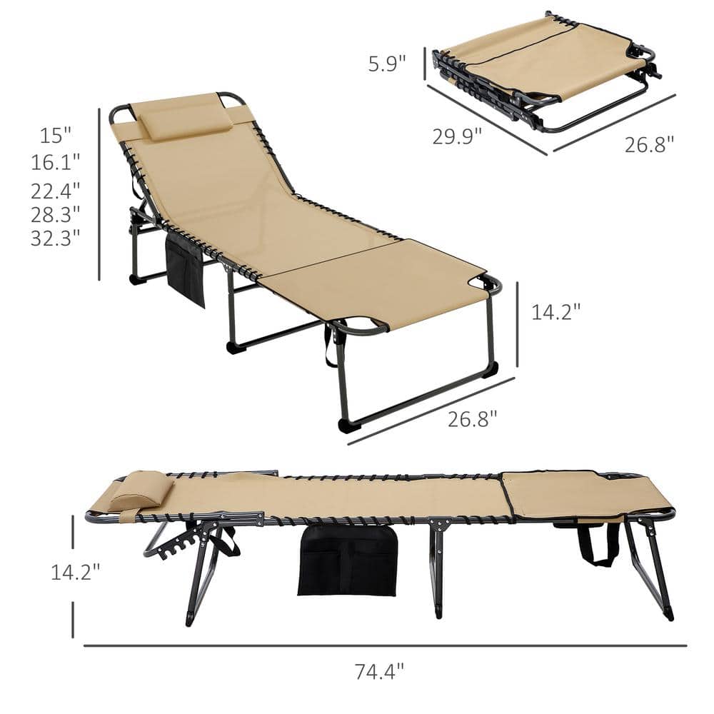 Beige Mesh Folding Outdoor Chaise Lounge with Headrest