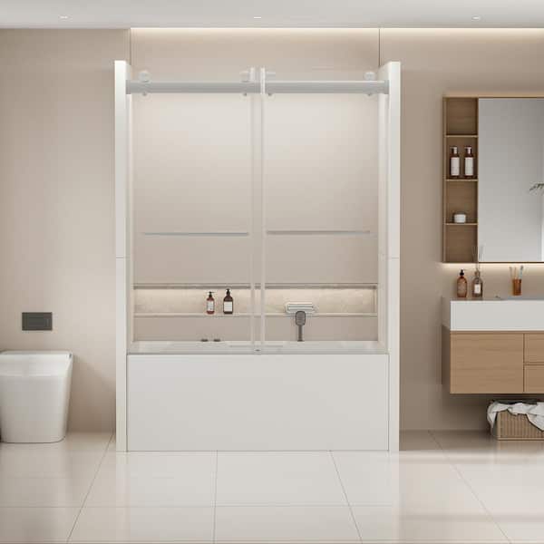 Abruzzo 60 in. W x 62 in. H Frameless Double Sliding Tub Door Bypass Tub Shower Door in Chrome with Clear Glass
