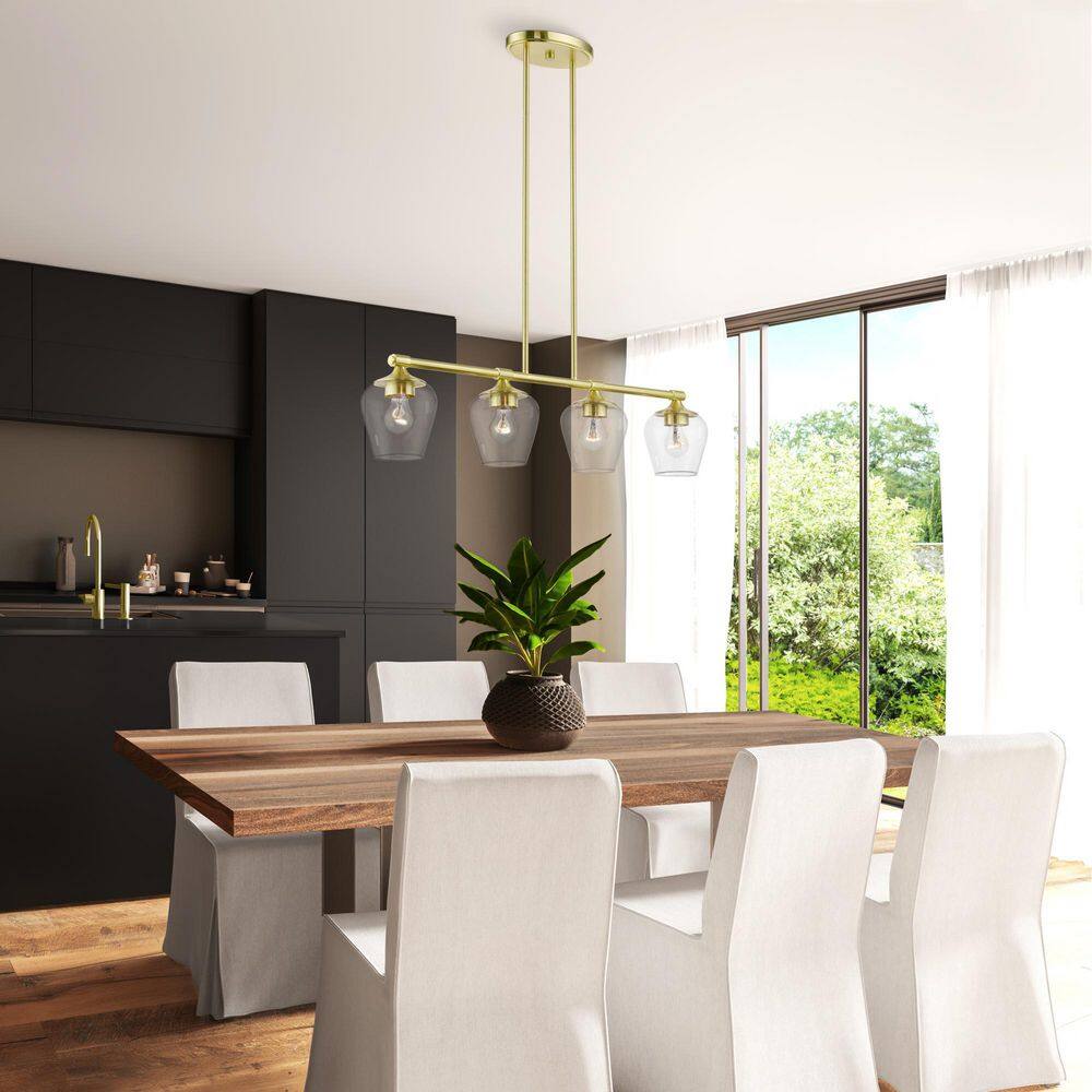 Elegant Satin Brass Linear Chandelier with Clear Glass Shades