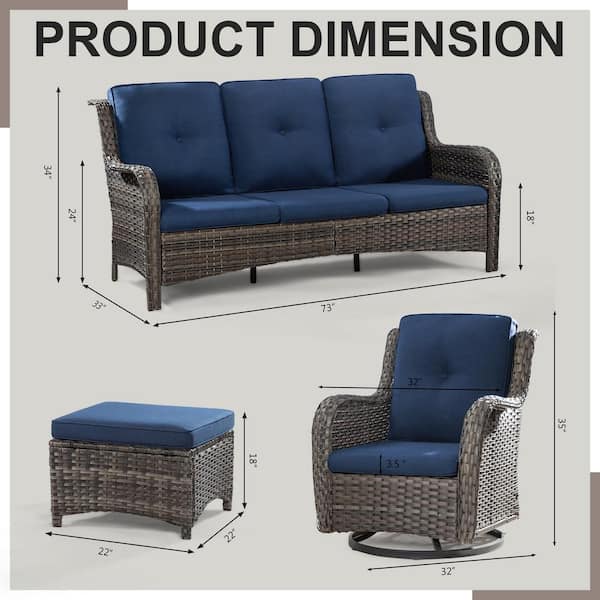 5-Piece Wicker Outdoor Patio Seating Set Sectional Sofa with Swivel Rocking Chair, Ottomans and Blue Cushions