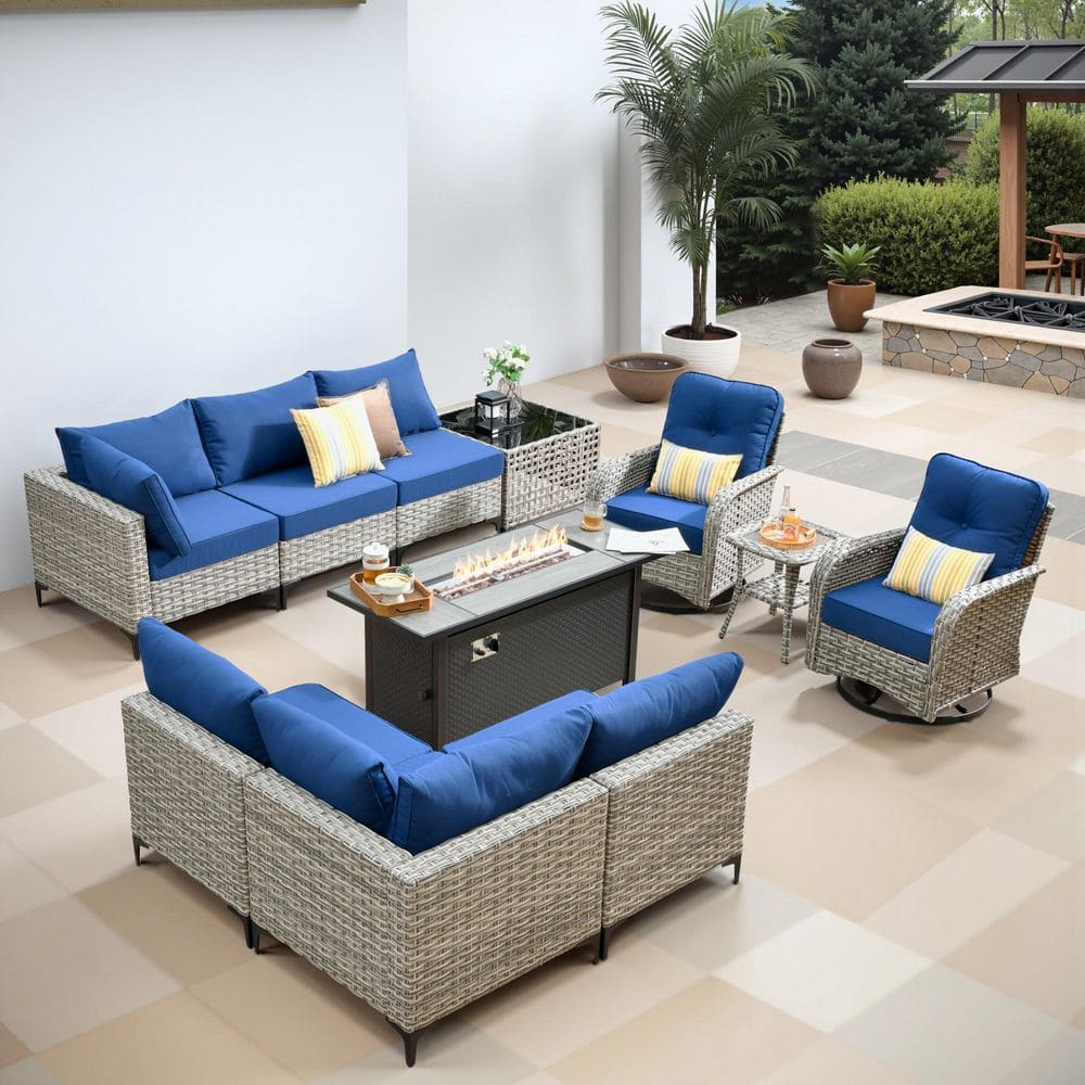 Stardust 11-Pieces Wicker Outdoor Patio Rectangular Fire Pit Set and Swivel Rocking Chairs with Navy Blue Cushions price history on PriceWatchPro