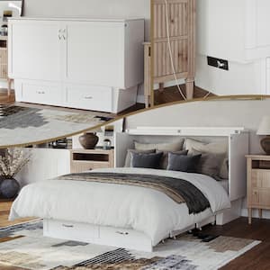 Chelsea Queen White Wood Murphy Bed Chest with Mattress, Storage and Built-in Charging
