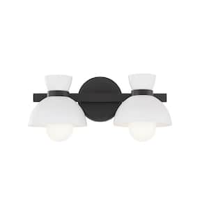 16.5 in. 2-Light Matte Black Vanity Light with White Metal Shades