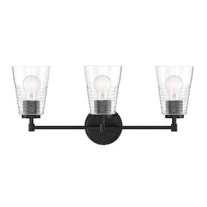 Ingo 24 in. 3-Light Matte Black Modern Industrial Vanity with Clear Ribbed Glass Shades