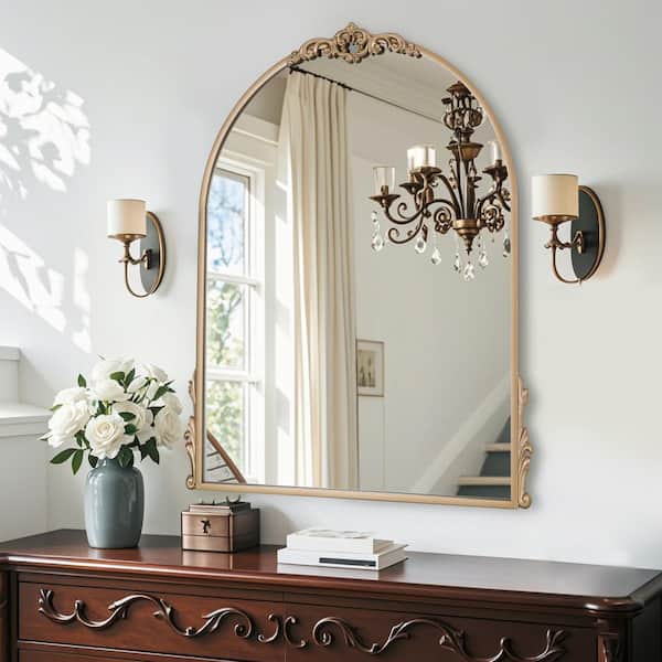 30 in. W x 36 in. H Intricately Carved Gold Arched Framed Wall Bathroom Vanity Mirror in Cast Iron Floral