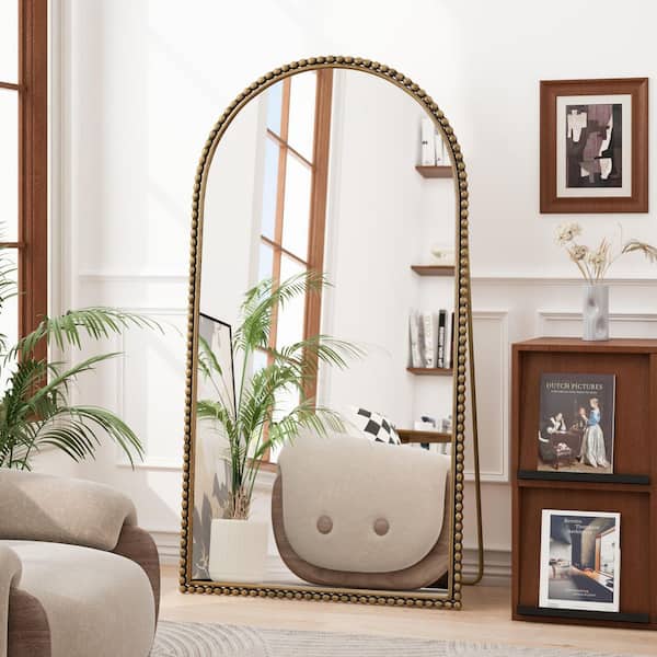Unbranded Retro Gold 35.43 in. W x 65.75 in. H Arch Metal Full Length Mirror with Supporting Feet, for Living Room, Bedroom