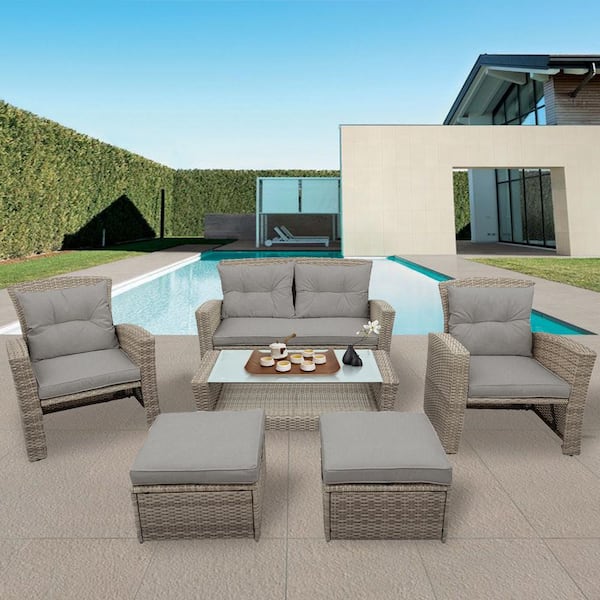 Tenleaf Beige Brown 4-Piece Wicker Patio Conversation Set with Ottoman and Gray Cushions