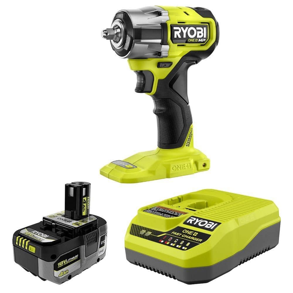 RYOBI ONE+ HP 18V Brushless Cordless Compact 3/8 in. Impact Wrench with ONE+ 18V HIGH PERFORMANCE 4.0 Ah Battery and Charger (PSBIW02PSK014)