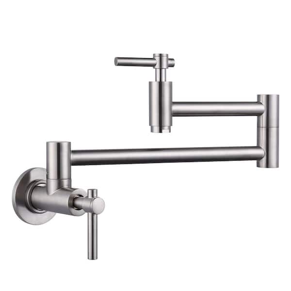 IVIGA Contemporary Brass Wall Mount Pot Filler with Double Handles and Swing Arm Folding Kitchen Faucet in Brushed Nickel