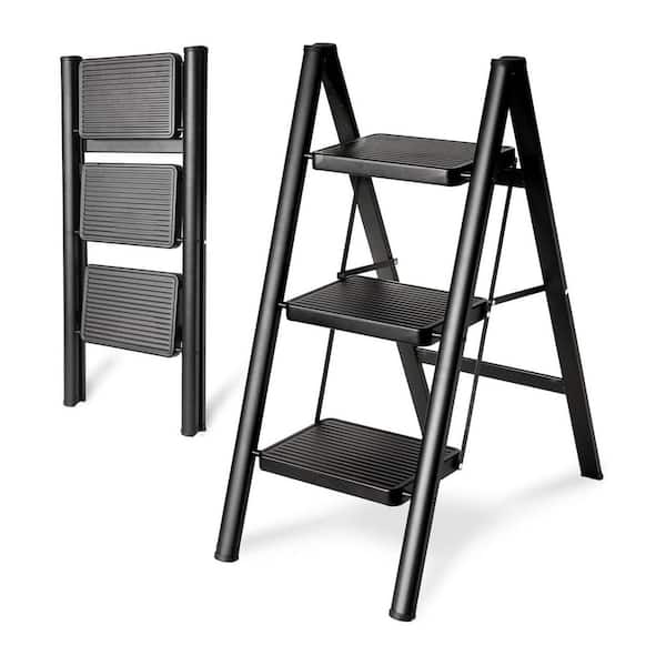 3 Step Folding Ladder Sturdy 330 lbs. Capacity Small Step Stool for Adults with Anti-Slip Wide Pedals Black