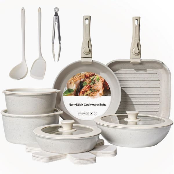 3.2qt 20-Piece Non-Stick Cookware Set with Detachable Handles, Oven Safe, Induction Compatible, Stackable, Cream White