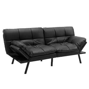 Black Faux Leather Convertible Memory Foam Futon Sofa Bed with Adjustable Armrest