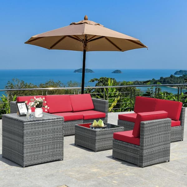 8-Piece Wicker Rattan Patio Conversation Set with Storage Table and Cushion in Red