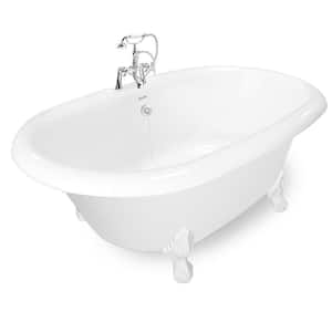 72 in. AcraStone Acrylic Double Clawfoot Non-Whirlpool Bathtub with Large Ball in Claw Feet in White in Faucet in Chrome