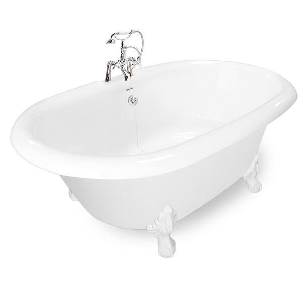 American Bath Factory 72 in. AcraStone Acrylic Double Clawfoot Non-Whirlpool Bathtub with Large Ball in Claw Feet in White in Faucet in Chrome