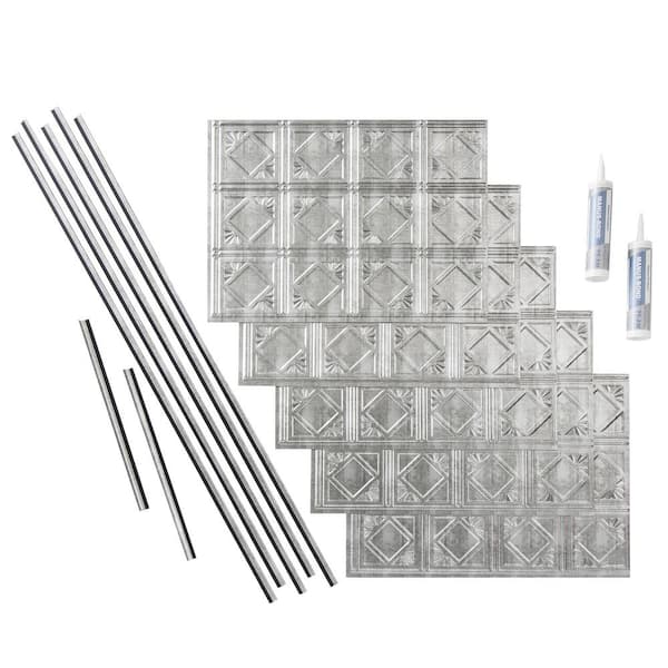 Fasade Traditional 4 18 in. x 24 in. Crosshatch Silver Vinyl Decorative Wall Tile Backsplash 15 sq. ft. Kit