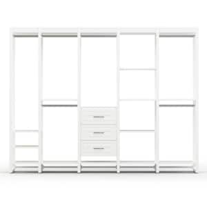 108 in. W White Adjustable Wood Closet System with 13-Shelves, 6-Rods and 3-Drawers