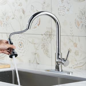 Henassor Single Handle Pull-Down Sprayer Kitchen Faucet with Deck Plate in Chrome