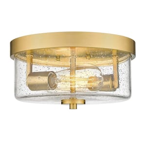 11 in.2-Light Brushed Gold Flush Mount Ceiling Light Fixture with Seeded Glass Shades for Hallway