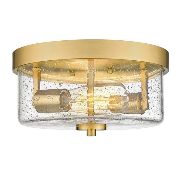 JAZAVA 11 in.2-Light Brushed Gold Flush Mount Ceiling Light Fixture with Seeded Glass Shades for Hallway