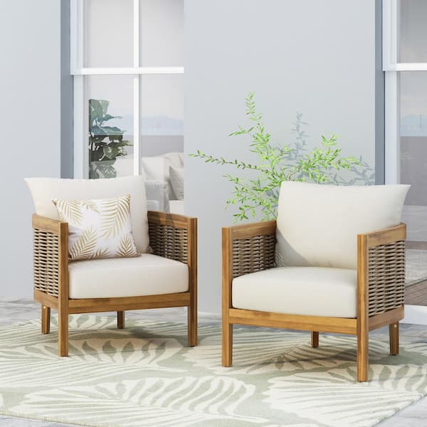 Moulton Teak Finish Solid Wood and Brown Wicker Outdoor Patio Lounge Chairs with Beige Cushions, Set of 2