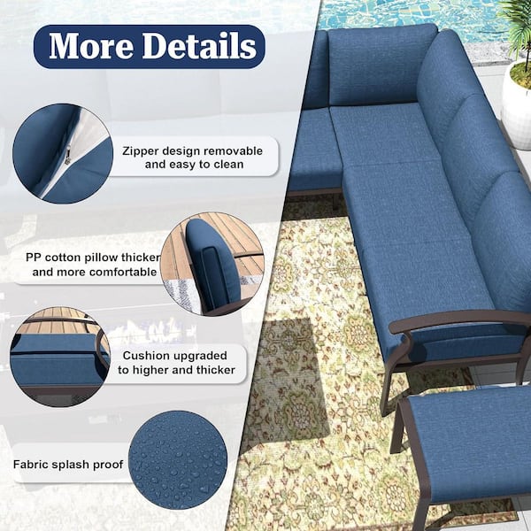 8-Seat Black Aluminum Outdoor Patio Conversation Sectional Setwith Armrest, Ottoman and Cushion Navy Blue