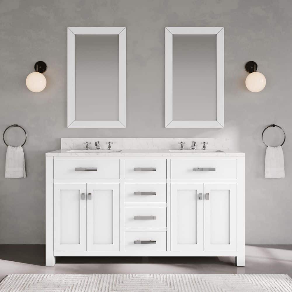 Madison 60 in. W x 21.5 in. D x 34 in. H Double Sink Bath Vanity in Pure White with Carrara White Marble Top and Faucet price history on PriceWatchPro
