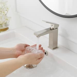 Single Handle Single Hole Low-Arc Bathroom Faucet Bathroom Drip-Free Vanity Sink Faucet Modern in Brushed Nickel