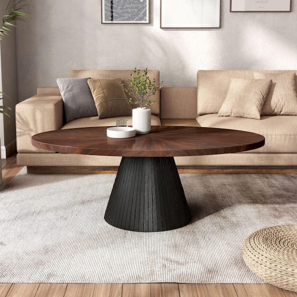Fazzy 50 in. Black Oval High-gloss Wood Top Coffee Table with Parquet Pattern and Reeded Drum Base
