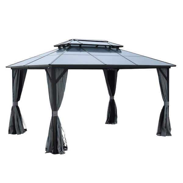 10 ft. x 13 ft. Aluminum Black Outdoor Patio Gazebo with Polycarbonate Double Hardtop Roof, Netting and Curtains