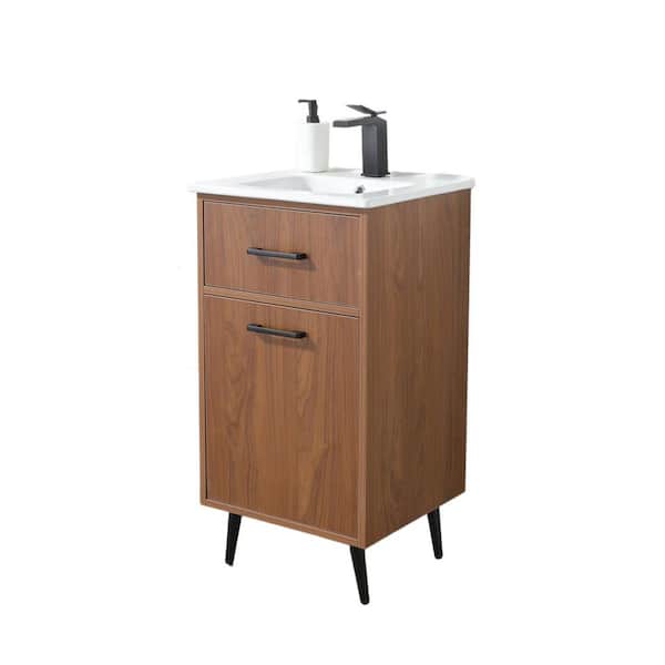 18 in. W Freestanding Walnut Bath Vanity with White Ceramic Sink Top