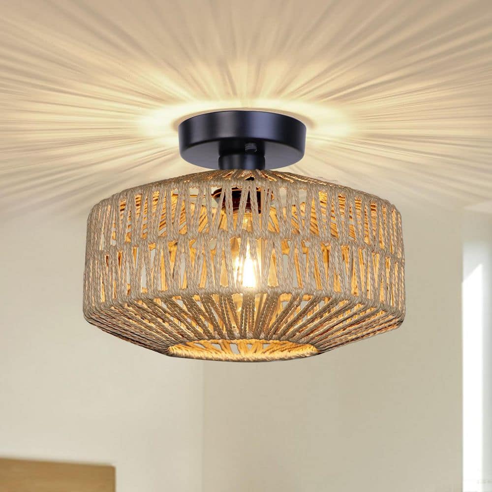 12 in. 1-Light Bohemian Black Canopy Brown Rattan Semi Flush Mount Ceiling Light for Dining Room Kitchen Bedroom price history on PriceWatchPro