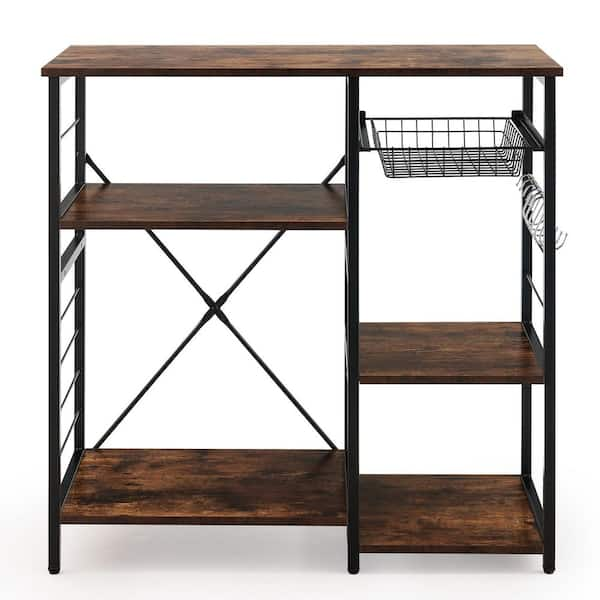 Merra Black Walnut Kitchen Baker's Rack Utility Storage Shelf with 6-Hooks and 5-Shelves