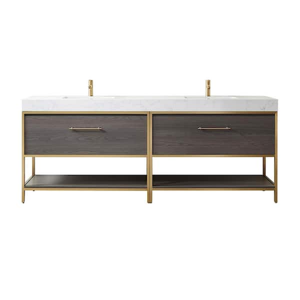 ROSWELL Palma 84 in. W x 22 in. D x 33.8 in. H Double Sink Bath Vanity in Suleiman Oak with White Composite Grain Stone Top