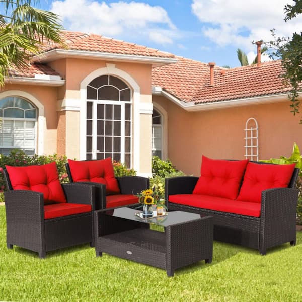 4-Piece Wicker Outdoor Patio Conversation Set Rattan Furniture Set with Red Cushions and Tempered Glass Coffee Table