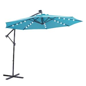 10 ft. Steel Cantilever Solar Patio Umbrella in Blue with 32 LED Lights and Cross Stand