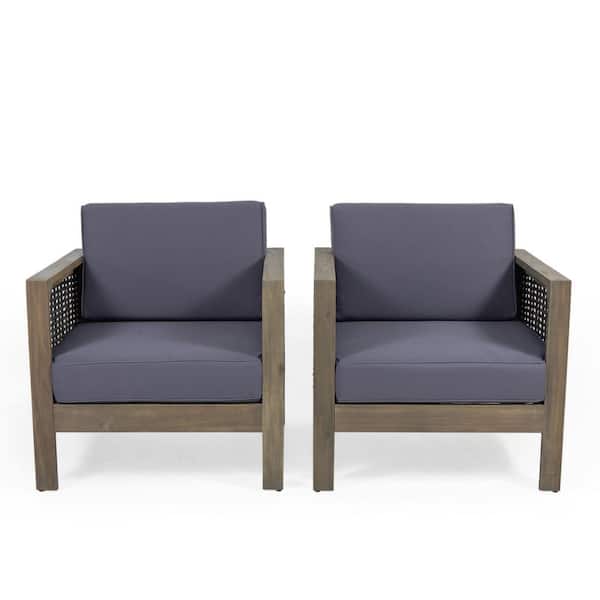 Noble House Linwood Removable Cushions Wood Outdoor Patio Lounge Chair with Dark Grey Cushion (2-Pack)