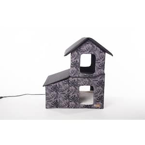 Outdoor Heated 2-Story Kitty House with Dining Room Gray Leaf Print Medium