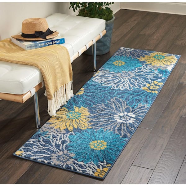 Passion Blue 2 ft. x 6 ft. Floral Contemporary Kitchen Runner Area Rug