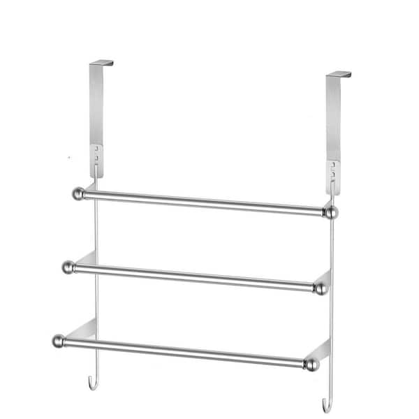3-Tier Over Door Towel Rack with Hooks 22.17 in. Stainless Steel Space-Saving Bathroom Organizer Silver Finish