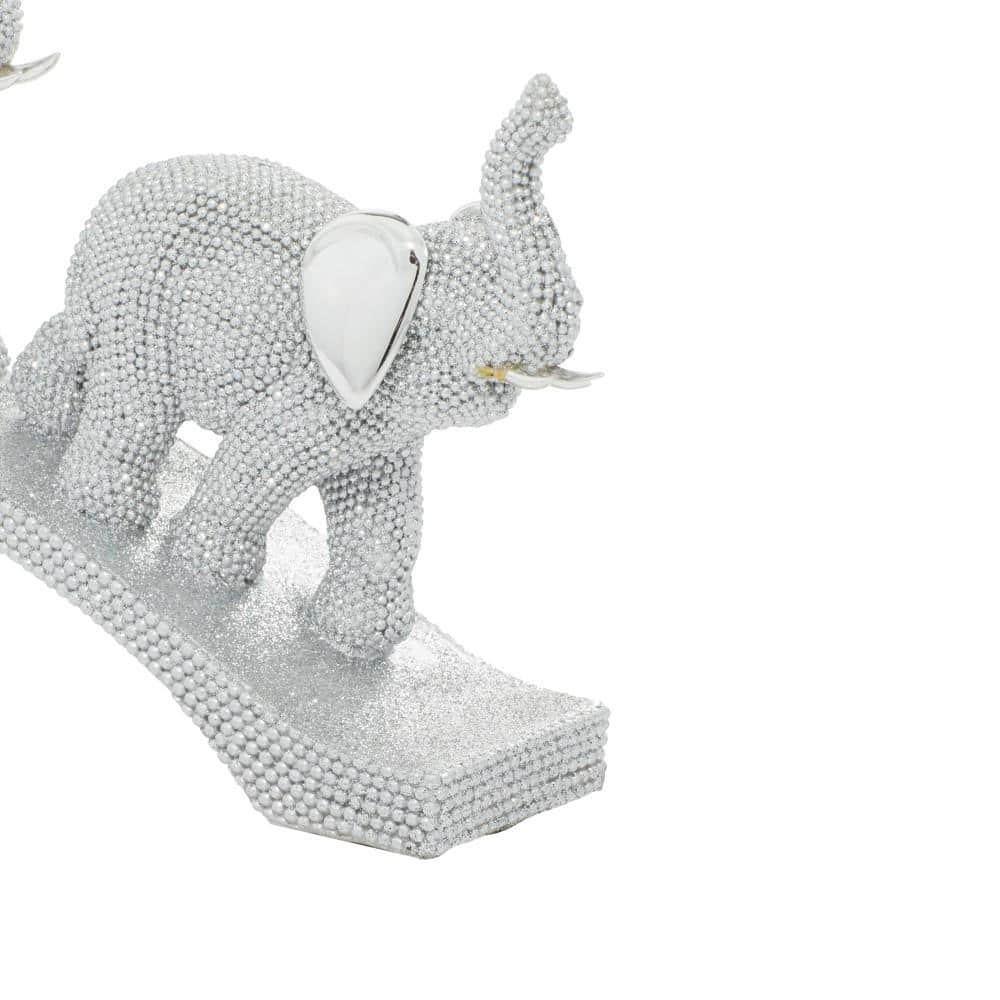 Silver Polystone Elephant Sculpture on Curved Base