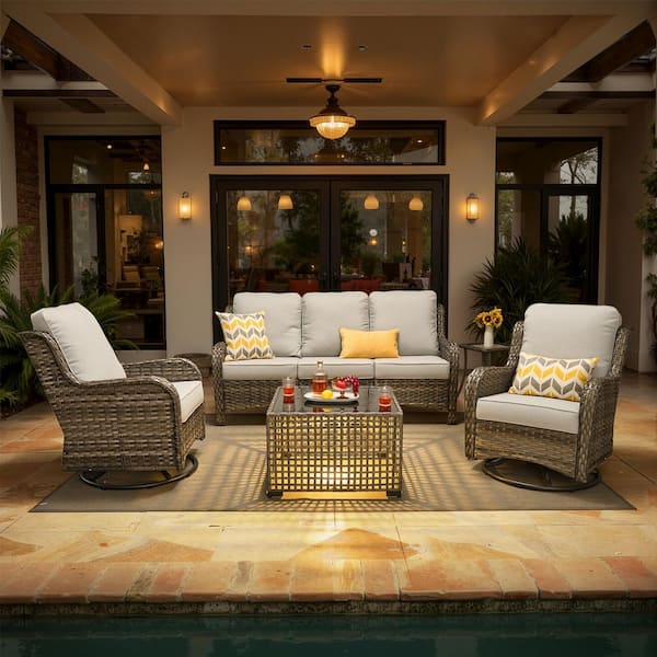 Hot Deals Nerium 5-Piece Wicker Outdoor Patio Conversation Set with Swivel Rocking Chairs and Gray Cushions