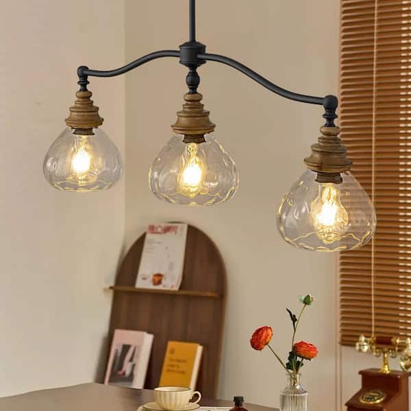 36 in. Farmhouse 3-Light Black Chandelier with Antique Wood Accents and Clear Glass Shades for Kitchen and Dining Room