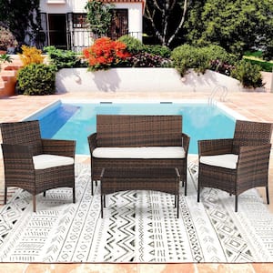 Outdoor Black 4-Piece Wicker Furniture Set Patio Conversation Set with Blue Cushions and Glass Top Table