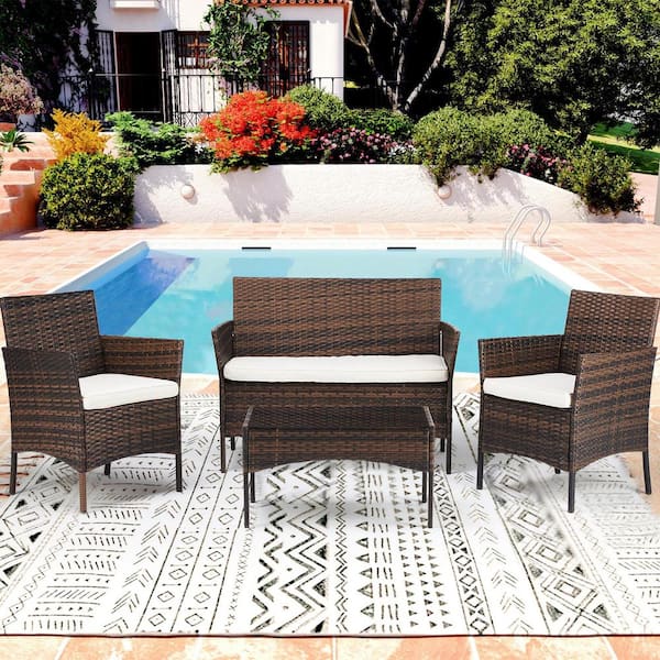 Yangming Outdoor Brown 4-Piece Wicker Furniture Set Patio Conversation Set with White Cushions and Glass Top Table