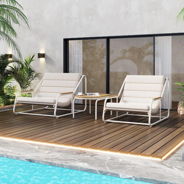 Tenleaf 3-Piece Metal Outdoor Bistro Set with Beige Cushion, Acacia Side Table