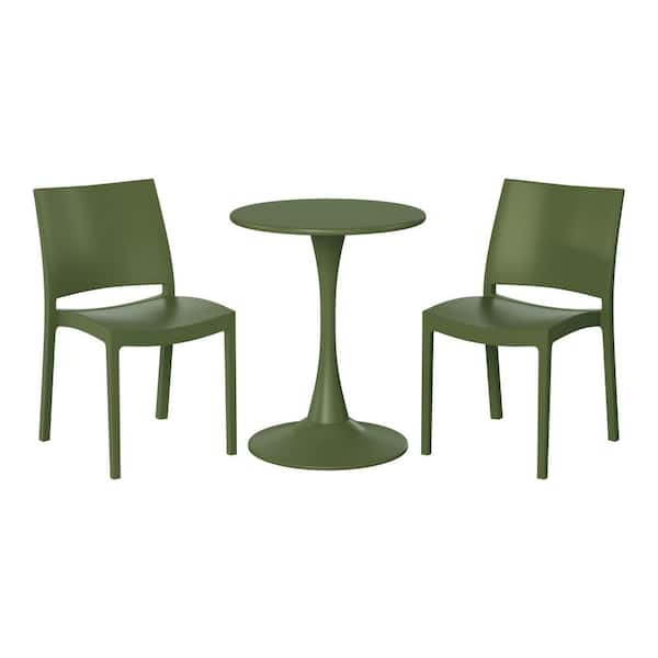 Frond and Form Outdoor Patio Modern 3-Piece Round HDPE Plastic Bistro Dining Set with Stackable Chairs, Olive Green