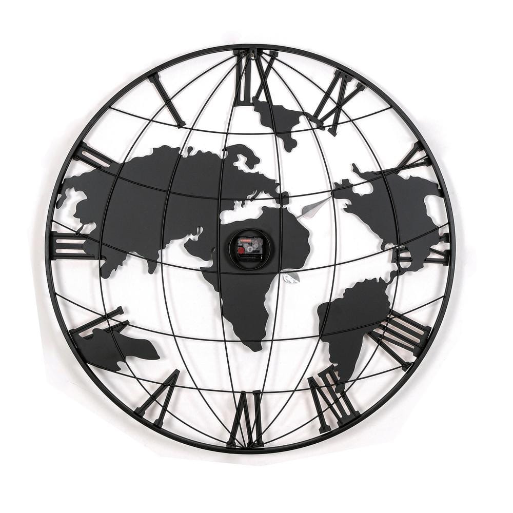 36 in. Large Black Silent Metal World Map Wall Clock with Gold Pointers, Ho